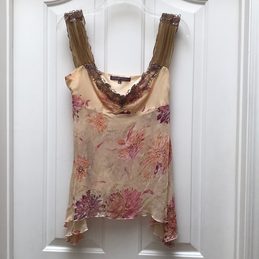 Haley Bob Silk Floral Lace-Trim Tank Top - Beige with Pink Florals & Beading 🌸